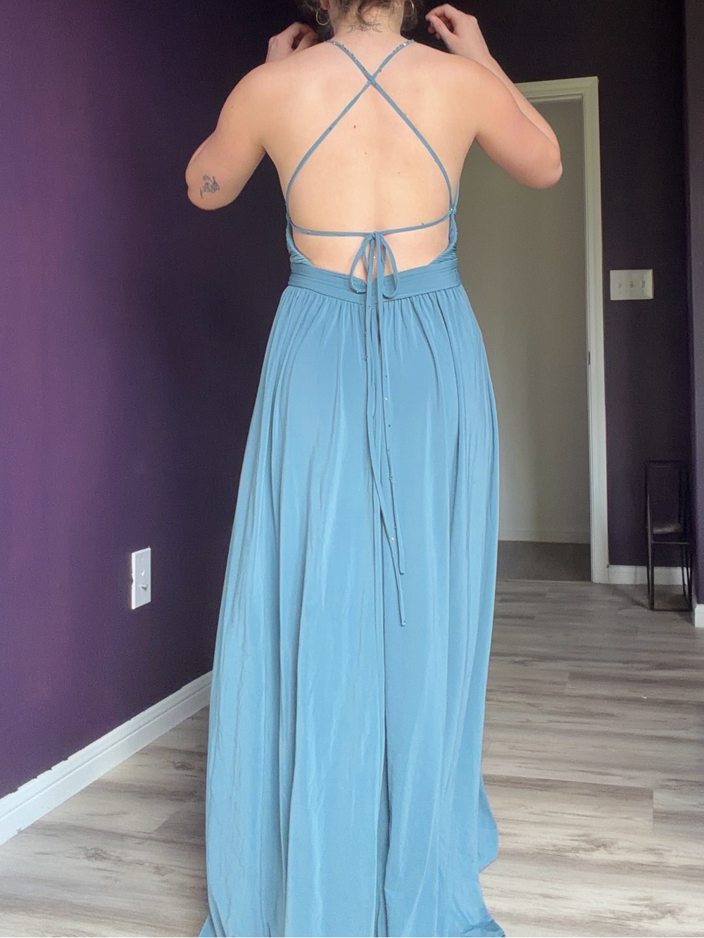 BCBGMaxAzria Sky Blue Halter Pleated Maxi Gown - Picture 2 of 8